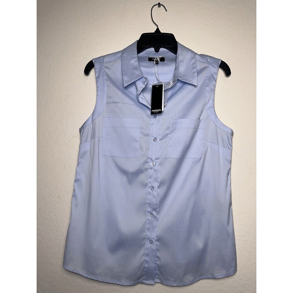 Premise Studio Sleeveless Button Up Blue Chambray Tank Top Women’s Sz-S Pockets